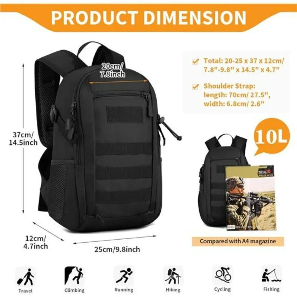 HUNTVP Tactical Mini Backpack MOLLE Military Daypack Hiking Gear 10L